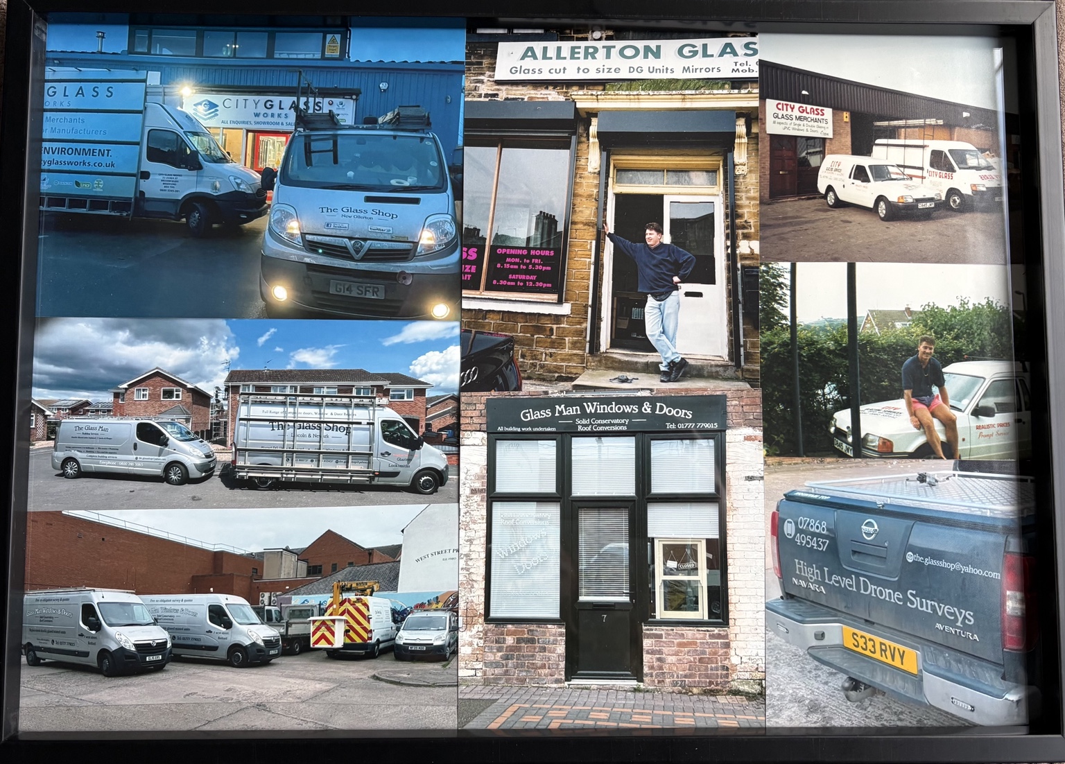 Photo collage showing the history of the family glazing business